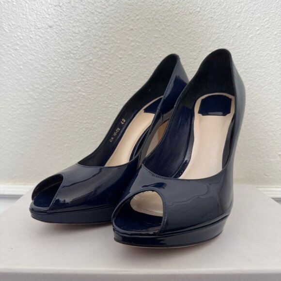 MISS DIOR Escarpin11 Patent Leather Navy Bleu fonce Veau Peep Toe Platform EU 40 - Picture 1 of 13